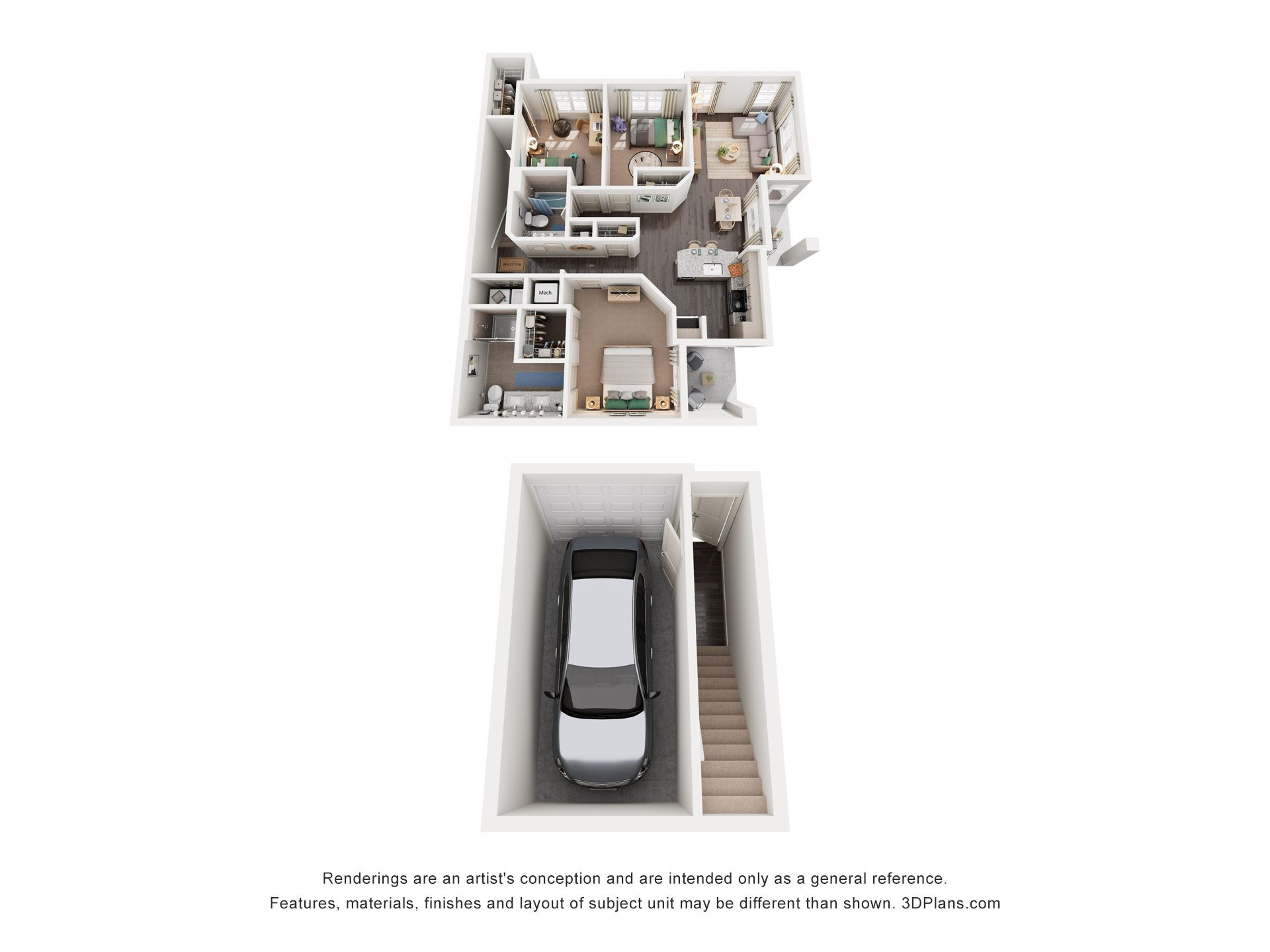 Floor plan for 3 beds, 2 baths, 1232 sqft